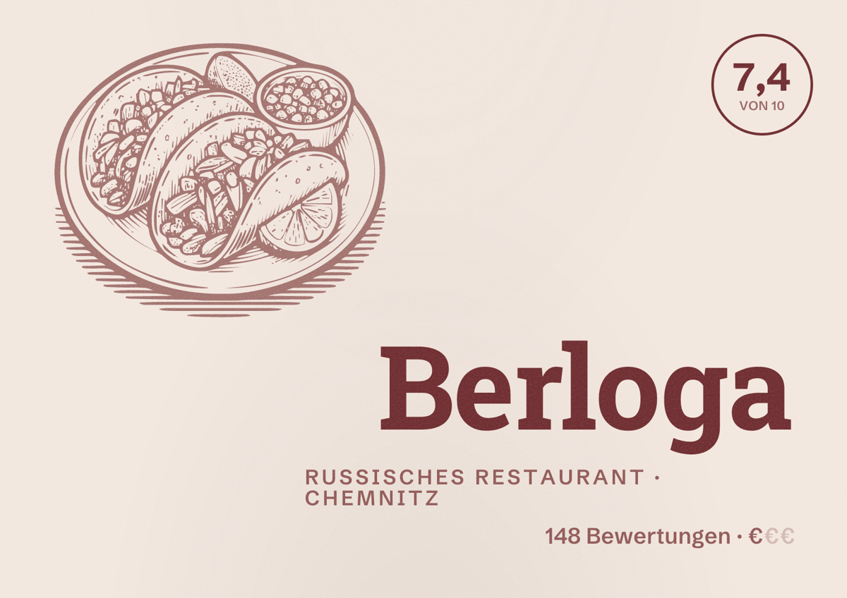 Illustriertes Poster von Berloga, Russisches Restaurant in Chemnitz: Bewertung 7,4 von 10 aus 148 Bewertungen, Preisniveau €