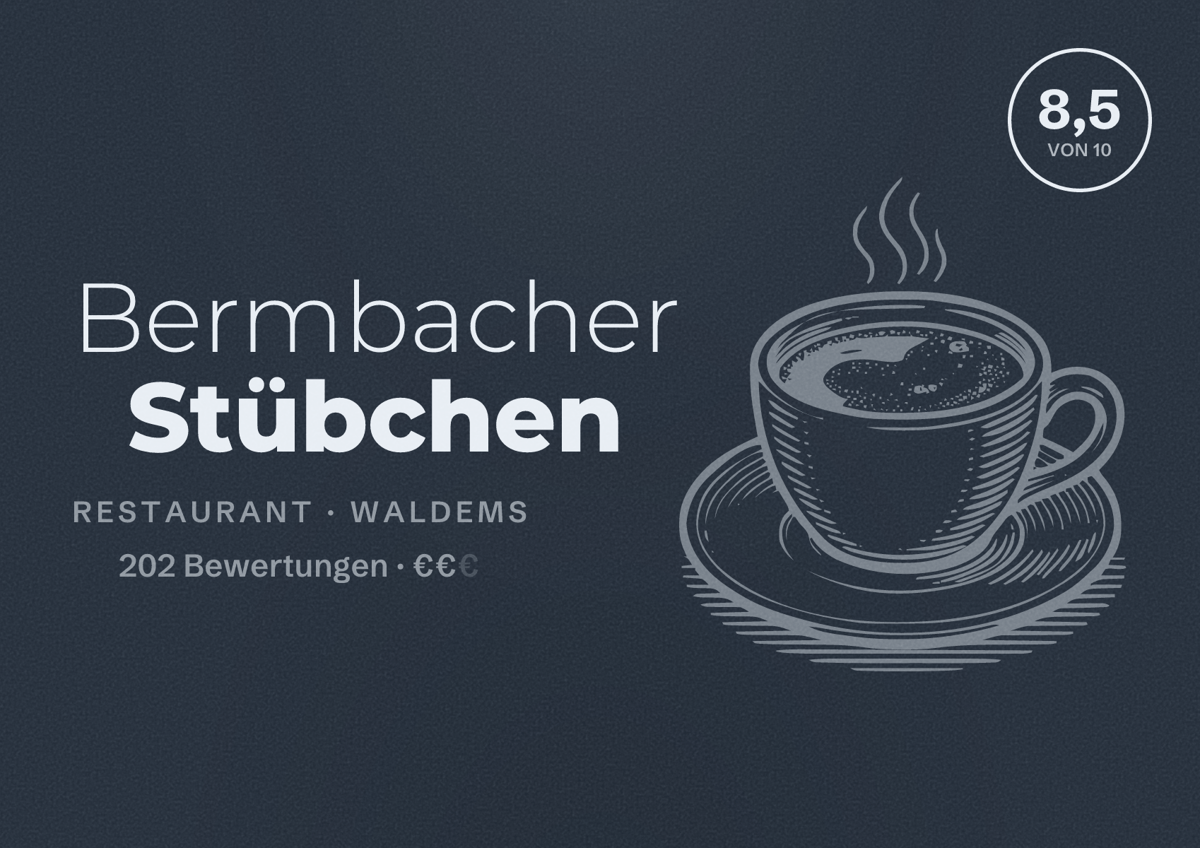 Illustriertes Poster von Bermbacher Stübchen, Restaurant in Waldems: Bewertung 8,5 von 10 aus 202 Bewertungen, Preisniveau €€