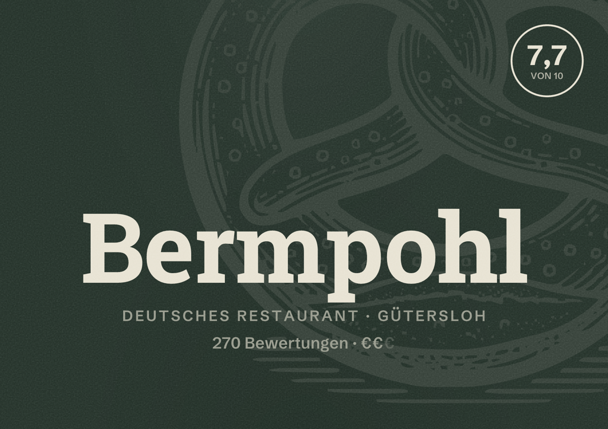 Illustriertes Poster von Bermpohl, Deutsches Restaurant in Gütersloh: Bewertung 7,7 von 10 aus 270 Bewertungen, Preisniveau €€