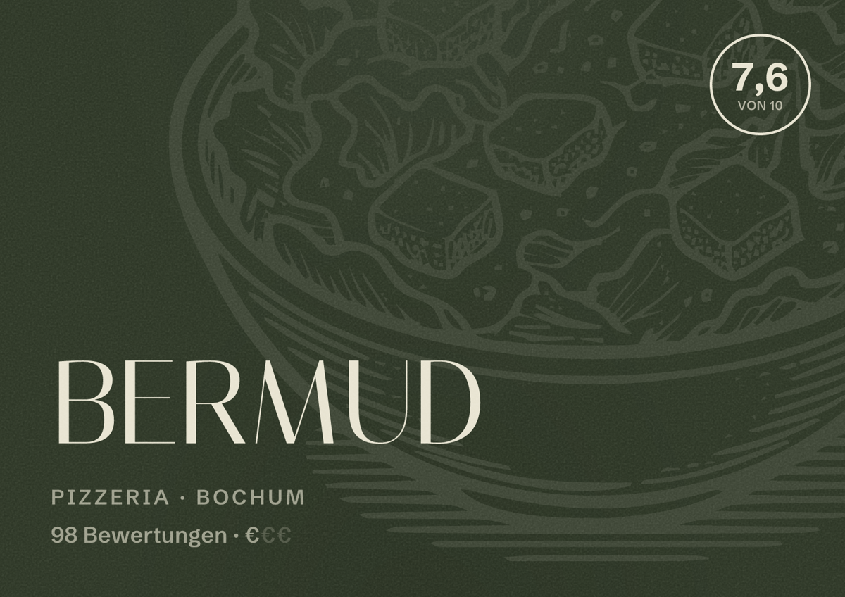 Illustriertes Poster von BERMUD, Pizzeria in Bochum: Bewertung 7,6 von 10 aus 98 Bewertungen, Preisniveau €