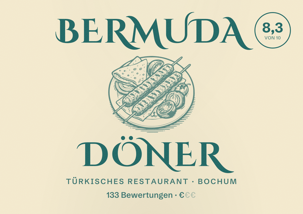 Illustriertes Poster von Bermuda Döner, Türkisches Restaurant in Bochum: Bewertung 8,3 von 10 aus 133 Bewertungen, Preisniveau €