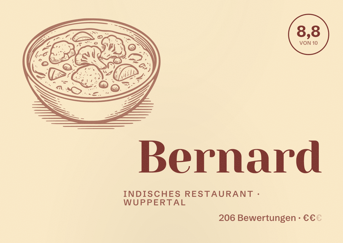Illustriertes Poster von Bernard, Indisches Restaurant in Wuppertal: Bewertung 8,8 von 10 aus 206 Bewertungen, Preisniveau €€