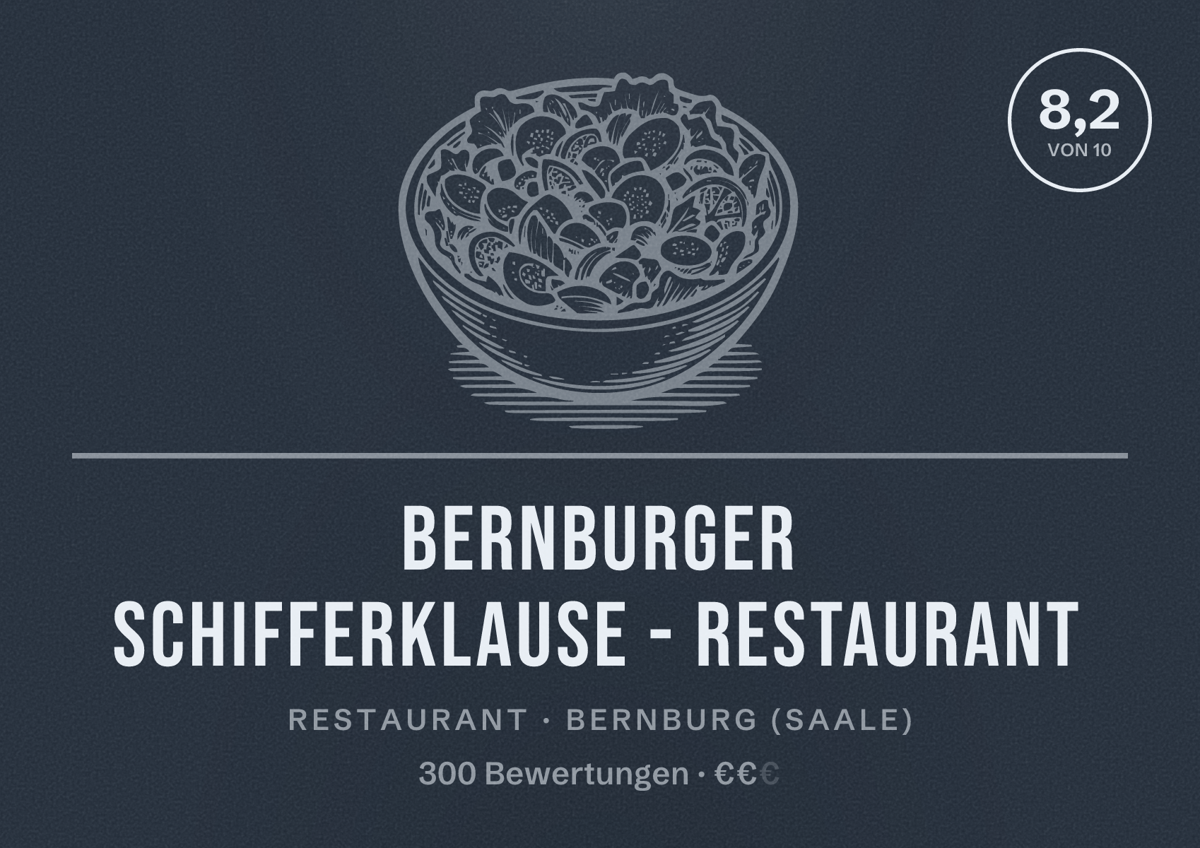 Illustriertes Poster von Bernburger Schifferklause - Restaurant, Restaurant in Bernburg (Saale): Bewertung 8,2 von 10 aus 300 Bewertungen, Preisniveau €€
