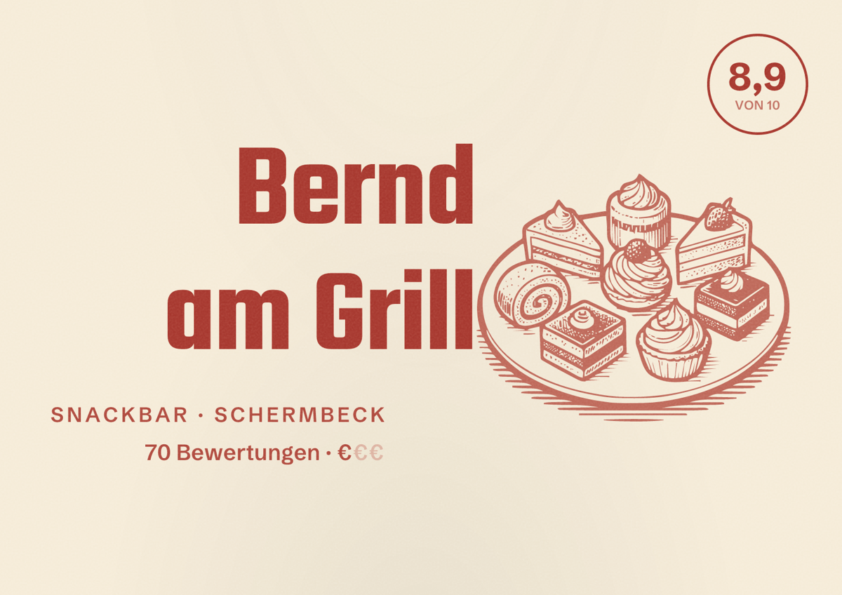 Illustriertes Poster von Bernd am Grill, Snackbar in Schermbeck: Bewertung 8,9 von 10 aus 70 Bewertungen, Preisniveau €