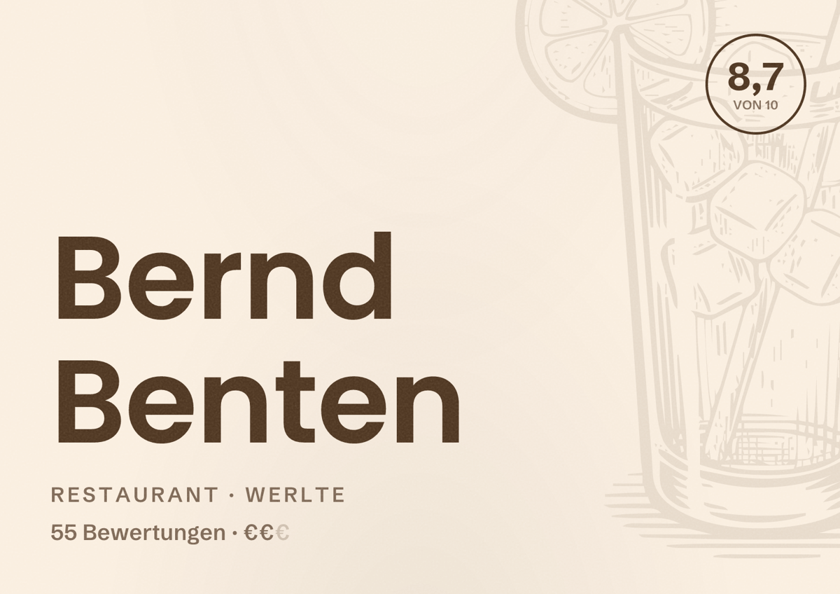 Illustriertes Poster von Bernd Benten, Restaurant in Werlte: Bewertung 8,7 von 10 aus 55 Bewertungen, Preisniveau €€