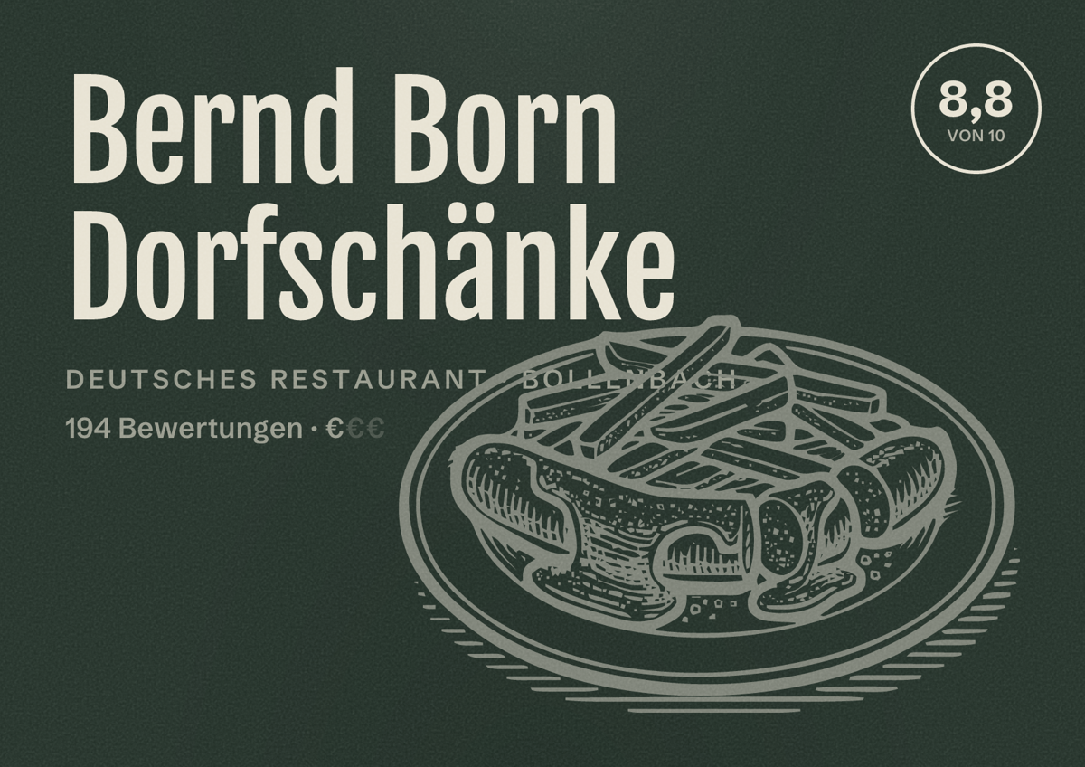 Illustriertes Poster von Bernd Born Dorfschänke, Deutsches Restaurant in Bollenbach: Bewertung 8,8 von 10 aus 194 Bewertungen, Preisniveau €