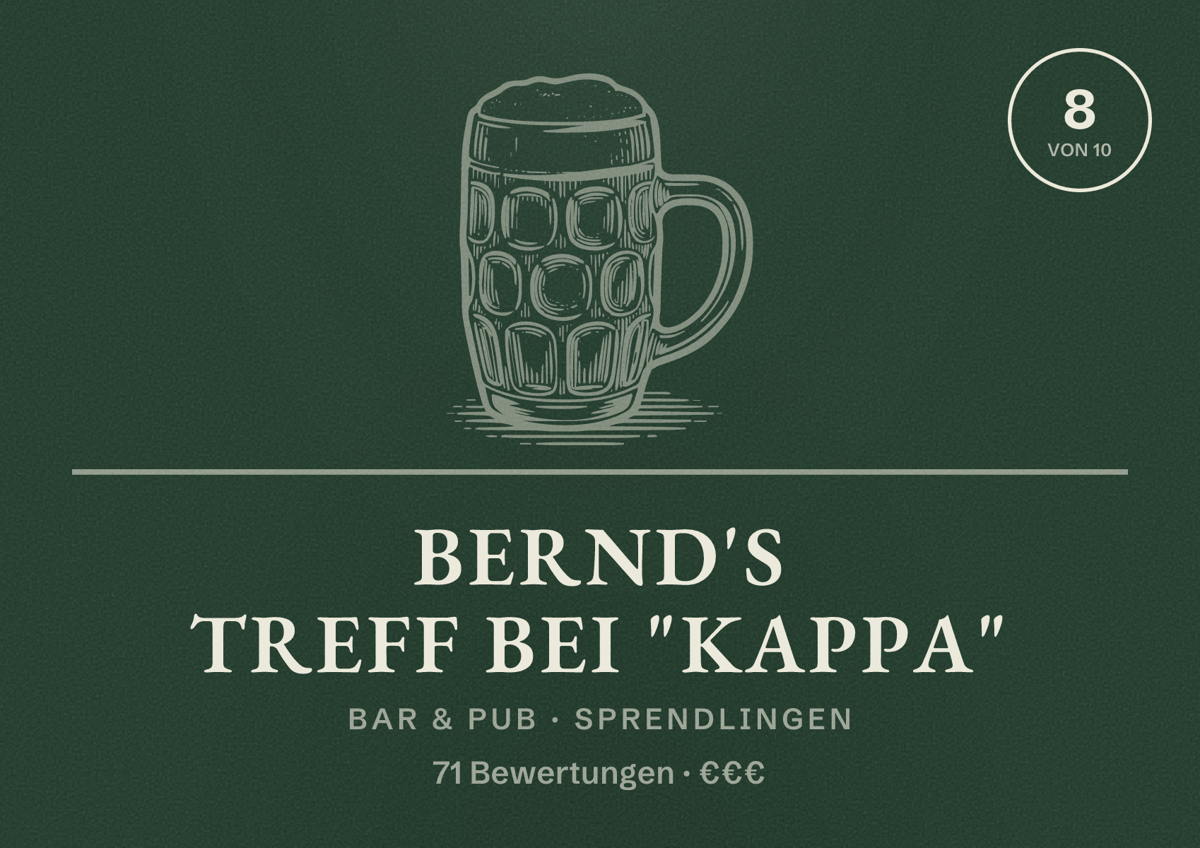 Illustriertes Poster von Bernd's Treff bei "Kappa", Bar & Pub in Sprendlingen: Bewertung 8 von 10 aus 71 Bewertungen, Preisniveau €€€