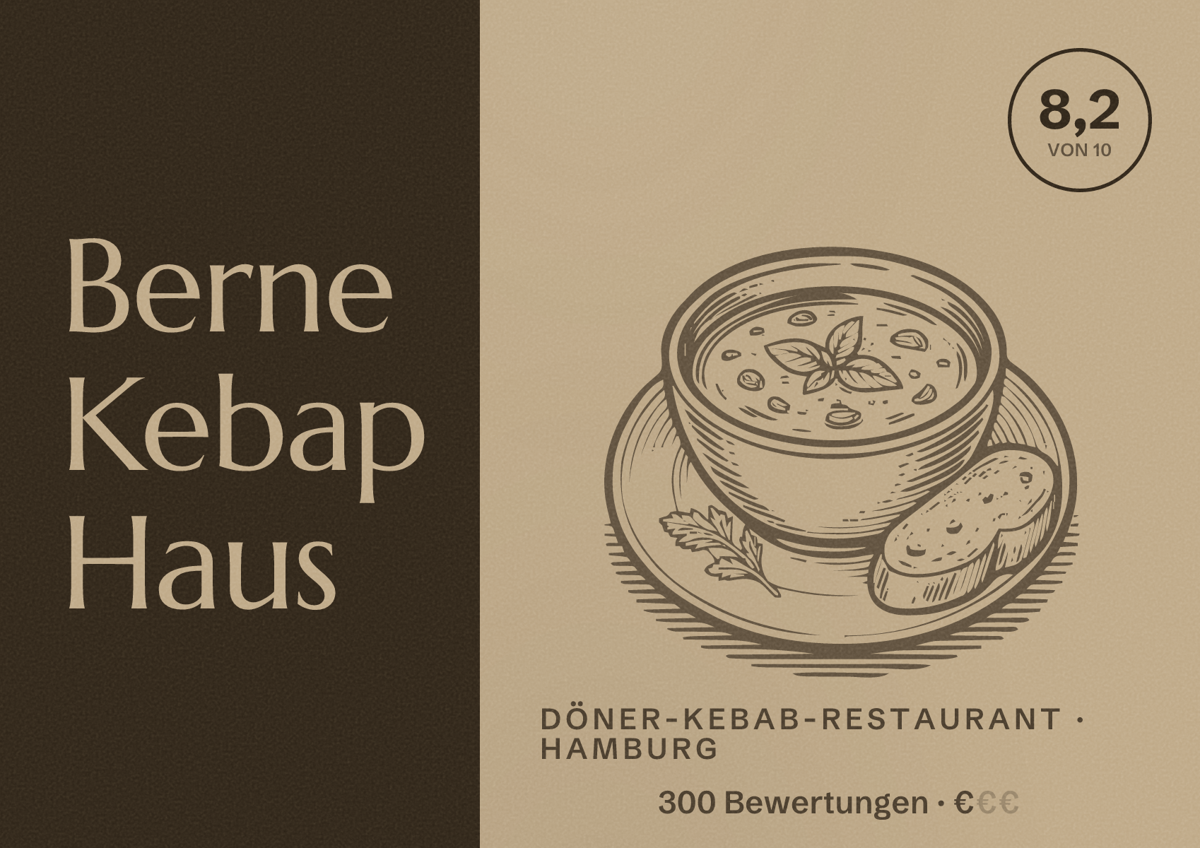 Illustriertes Poster von Berne Kebap Haus, Döner-Kebab-Restaurant in Hamburg: Bewertung 8,2 von 10 aus 300 Bewertungen, Preisniveau €