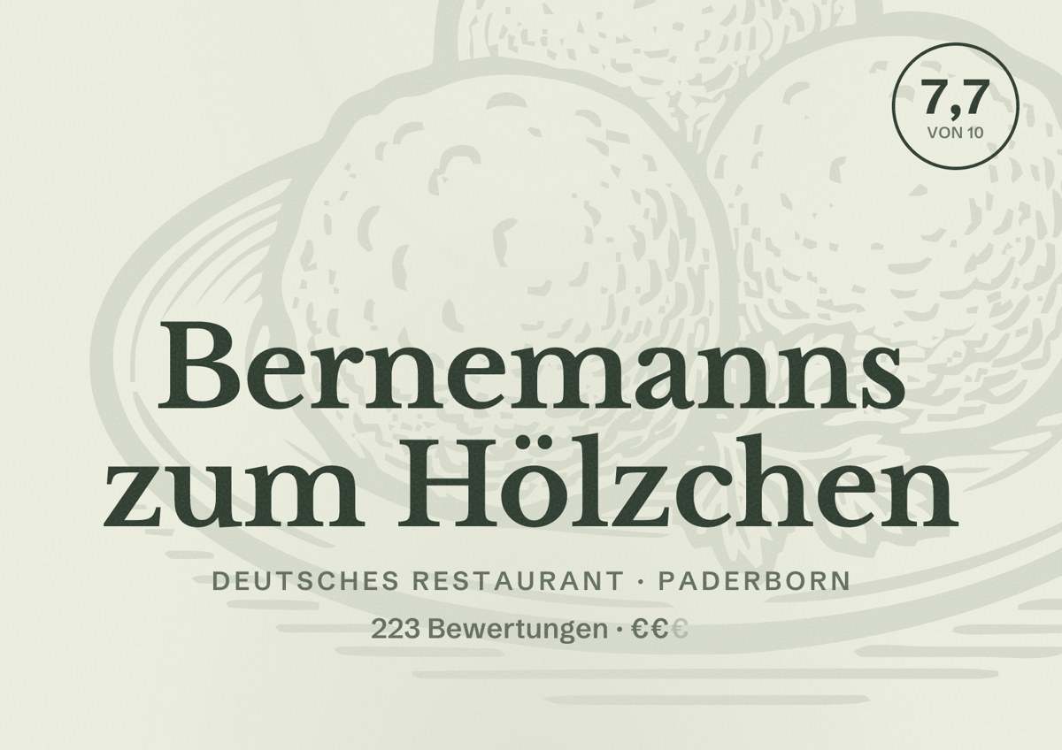 Illustriertes Poster von Bernemanns zum Hölzchen, Deutsches Restaurant in Paderborn: Bewertung 7,7 von 10 aus 223 Bewertungen, Preisniveau €€