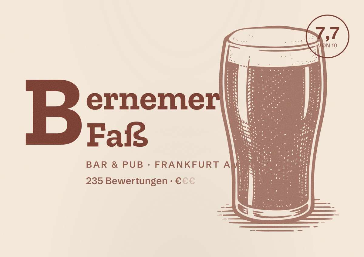 Illustriertes Poster von Bernemer Faß, Bar & Pub in Frankfurt am Main: Bewertung 7,7 von 10 aus 235 Bewertungen, Preisniveau €