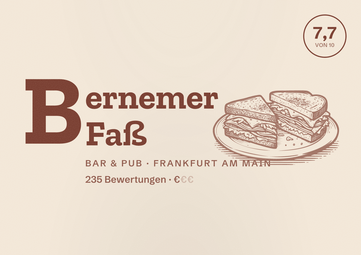 Illustriertes Poster von Bernemer Faß, Bar & Pub in Frankfurt am Main: Bewertung 7,7 von 10 aus 235 Bewertungen, Preisniveau €