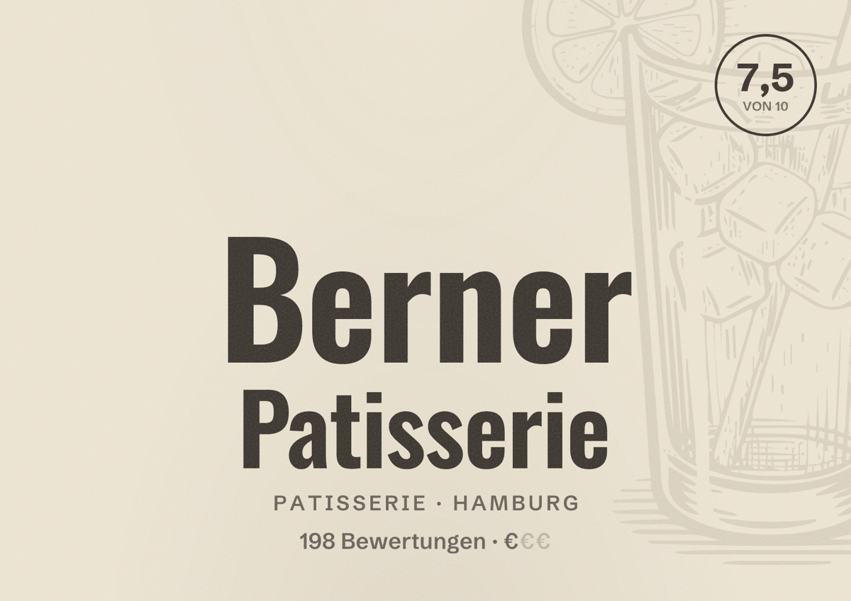 Illustriertes Poster von Berner Patisserie, Patisserie in Hamburg: Bewertung 7,5 von 10 aus 198 Bewertungen, Preisniveau €