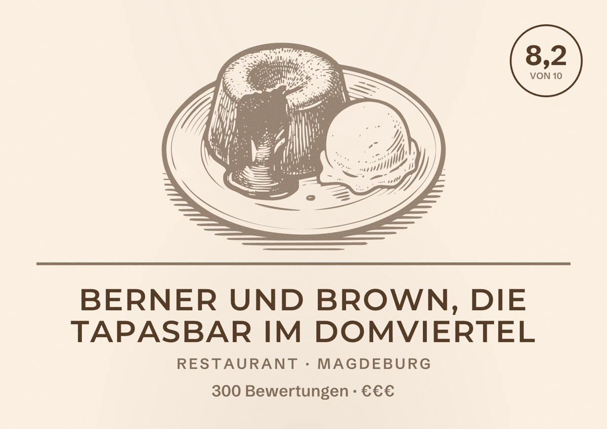 Illustriertes Poster von Berner und Brown, die Tapasbar im Domviertel, Restaurant in Magdeburg: Bewertung 8,2 von 10 aus 300 Bewertungen, Preisniveau €€€