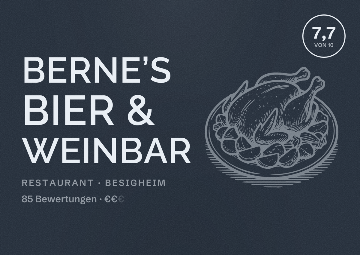 Illustriertes Poster von Berne’s Bier & Weinbar, Restaurant in Besigheim: Bewertung 7,7 von 10 aus 85 Bewertungen, Preisniveau €€