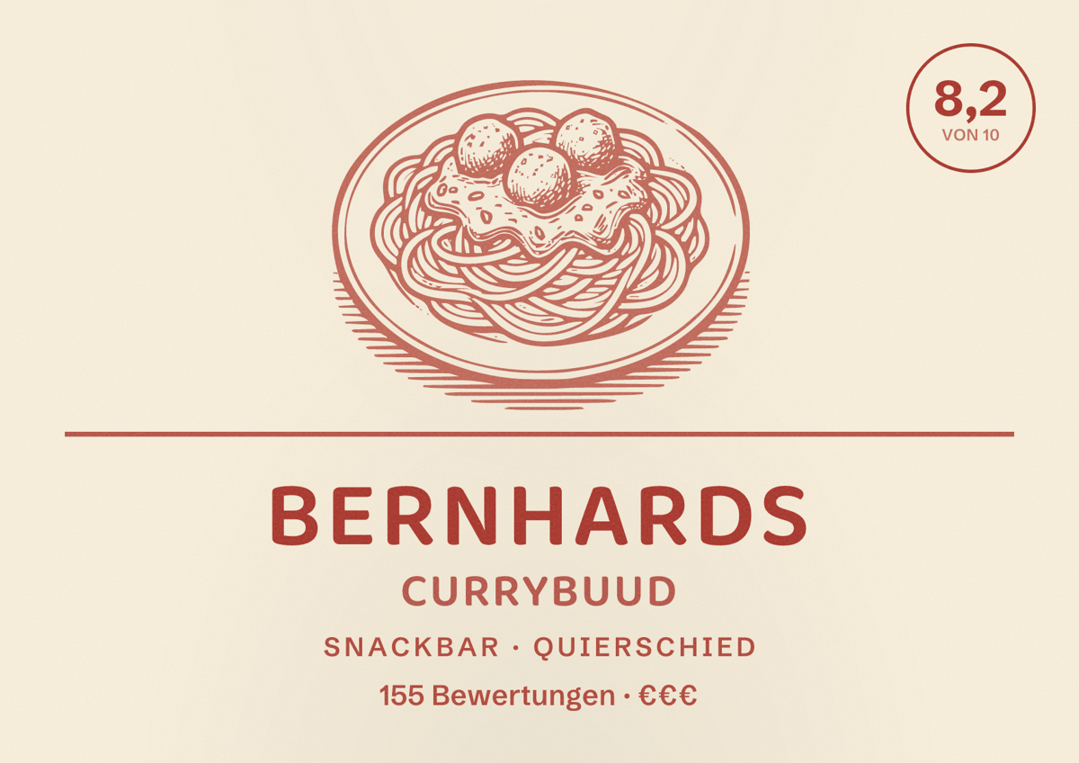 Illustriertes Poster von Bernhards Currybuud, Snackbar in Quierschied: Bewertung 8,2 von 10 aus 155 Bewertungen, Preisniveau €€€