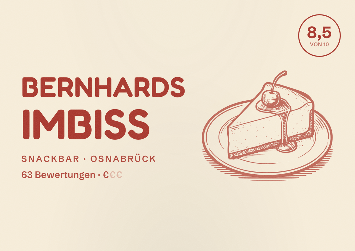 Illustriertes Poster von Bernhards Imbiss, Snackbar in Osnabrück: Bewertung 8,5 von 10 aus 63 Bewertungen, Preisniveau €