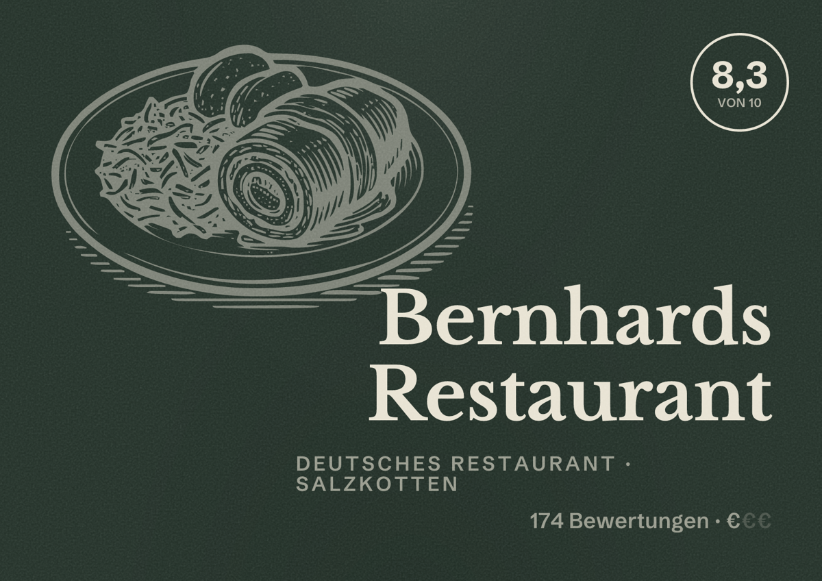 Illustriertes Poster von Bernhards Restaurant, Deutsches Restaurant in Salzkotten: Bewertung 8,3 von 10 aus 174 Bewertungen, Preisniveau €