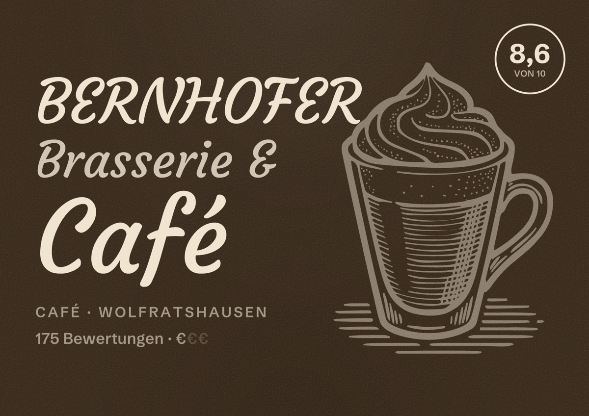 Illustriertes Poster von BERNHOFER Brasserie & Café, Café in Wolfratshausen: Bewertung 8,6 von 10 aus 175 Bewertungen, Preisniveau €