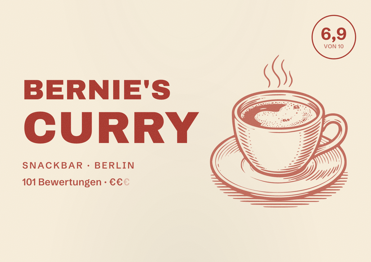 Illustriertes Poster von Bernie's Curry, Snackbar in Berlin: Bewertung 6,9 von 10 aus 101 Bewertungen, Preisniveau €€