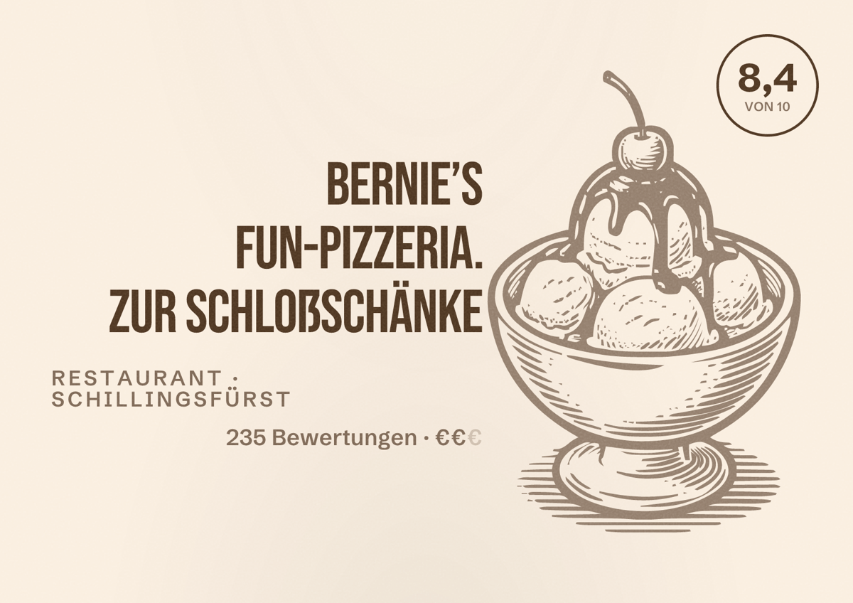 Illustriertes Poster von Bernie’s Fun-Pizzeria. Zur Schloßschänke, Restaurant in Schillingsfürst: Bewertung 8,4 von 10 aus 235 Bewertungen, Preisniveau €€