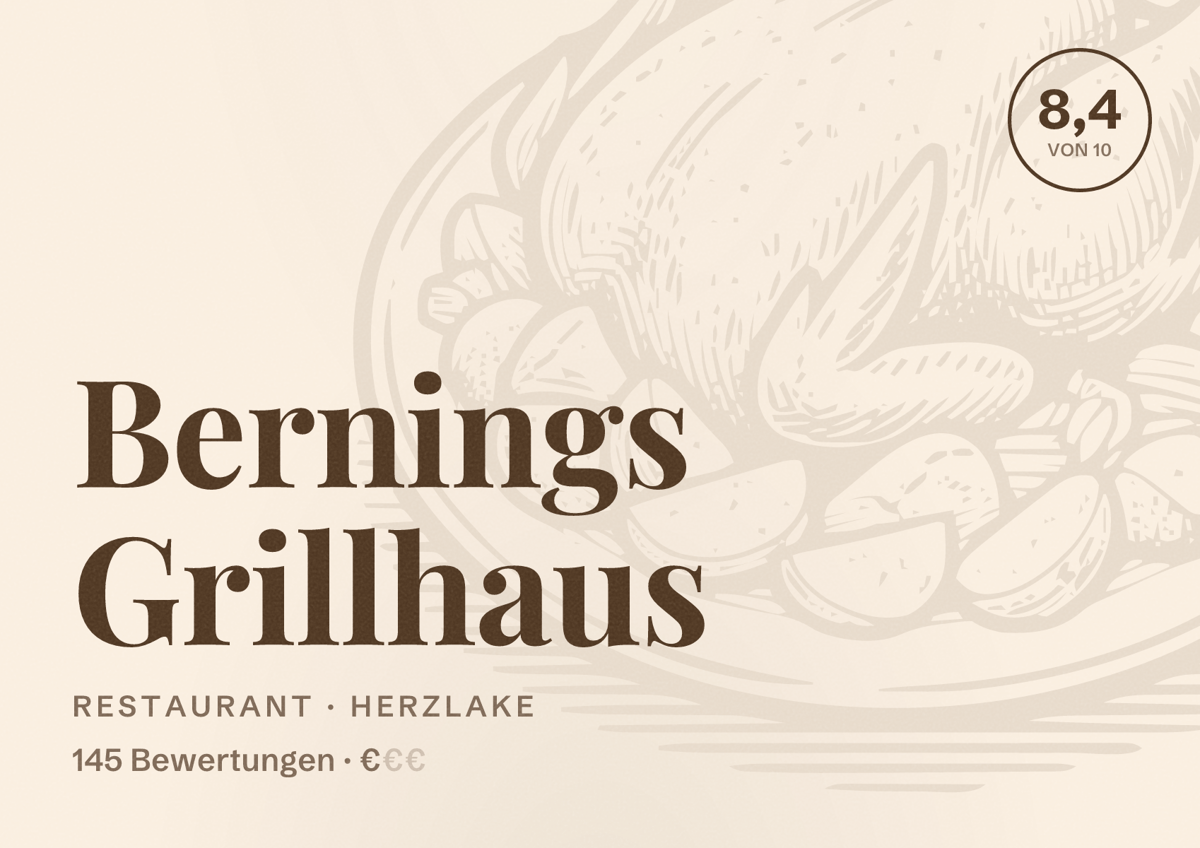 Illustriertes Poster von Bernings Grillhaus, Restaurant in Herzlake: Bewertung 8,4 von 10 aus 145 Bewertungen, Preisniveau €
