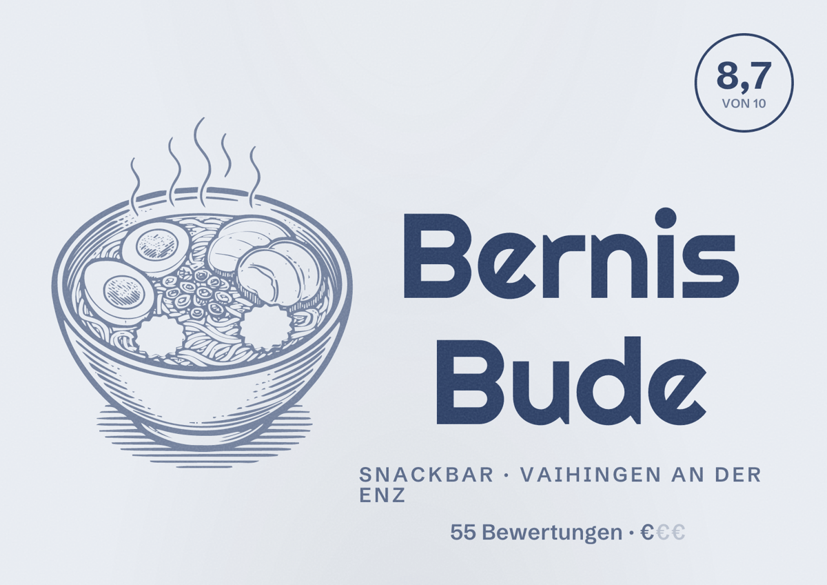 Illustriertes Poster von Bernis Bude, Snackbar in Vaihingen an der Enz: Bewertung 8,7 von 10 aus 55 Bewertungen, Preisniveau €