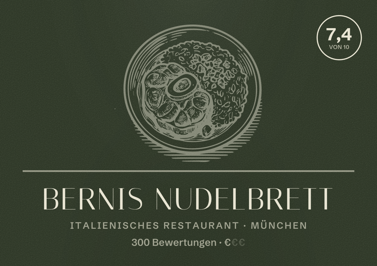 Illustriertes Poster von Bernis Nudelbrett, Italienisches Restaurant in München: Bewertung 7,4 von 10 aus 300 Bewertungen, Preisniveau €
