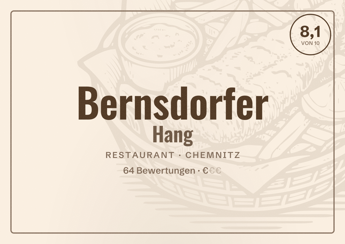 Illustriertes Poster von Bernsdorfer Hang, Restaurant in Chemnitz: Bewertung 8,1 von 10 aus 64 Bewertungen, Preisniveau €