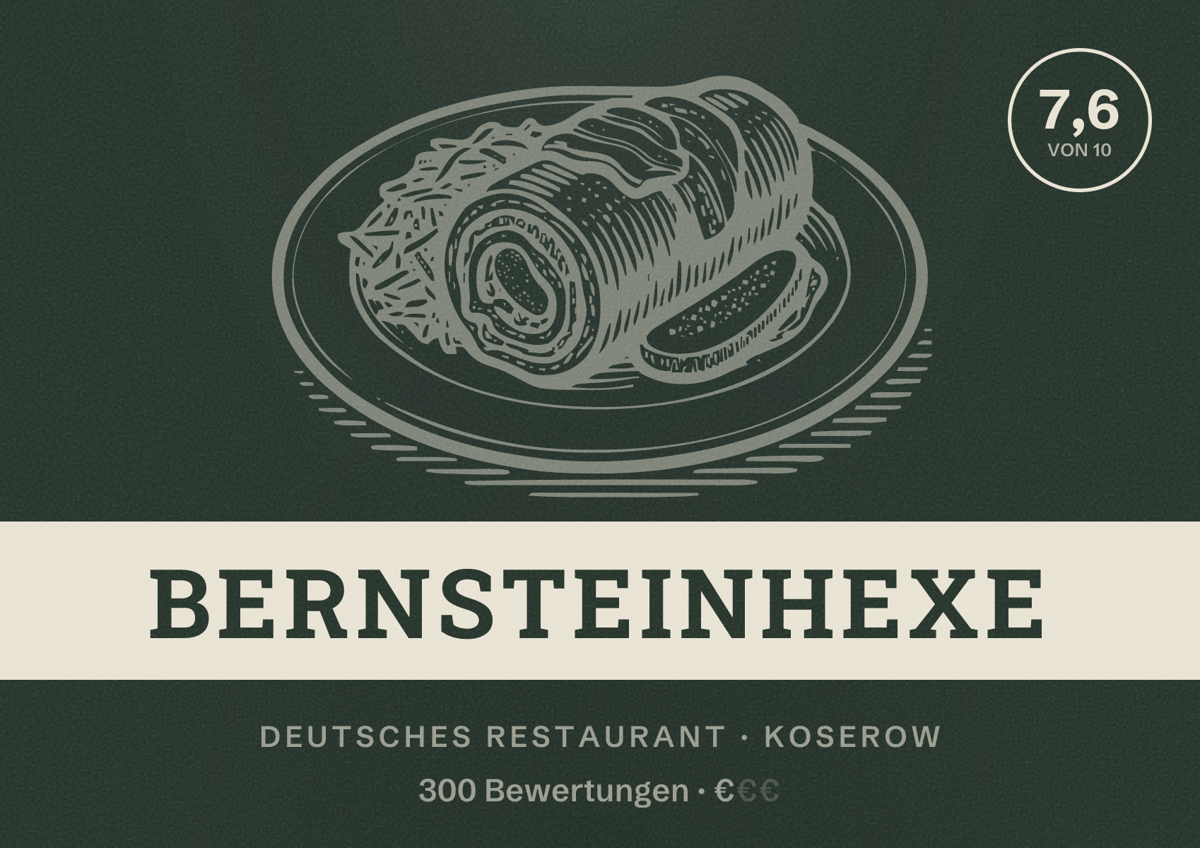 Illustriertes Poster von Bernsteinhexe, Deutsches Restaurant in Koserow: Bewertung 7,6 von 10 aus 300 Bewertungen, Preisniveau €