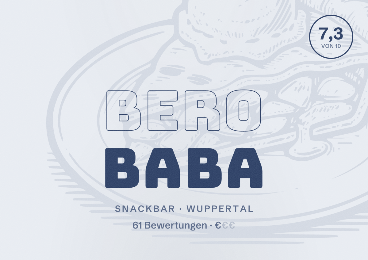 Illustriertes Poster von Bero Baba, Snackbar in Wuppertal: Bewertung 7,3 von 10 aus 61 Bewertungen, Preisniveau €
