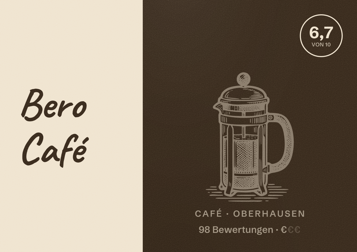 Illustriertes Poster von Bero Café, Café in Oberhausen: Bewertung 6,7 von 10 aus 98 Bewertungen, Preisniveau €