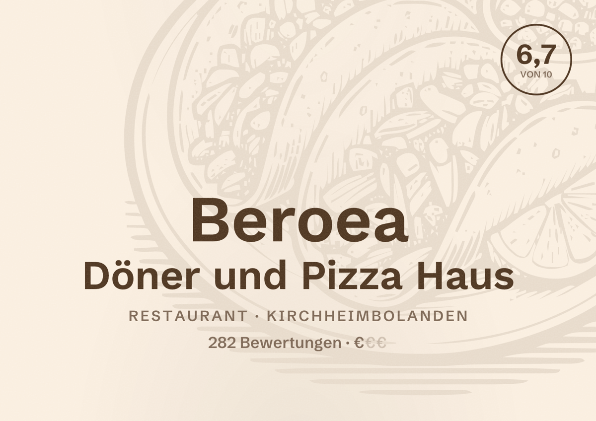 Illustriertes Poster von Beroea Döner und Pizza Haus, Restaurant in Kirchheimbolanden: Bewertung 6,7 von 10 aus 282 Bewertungen, Preisniveau €
