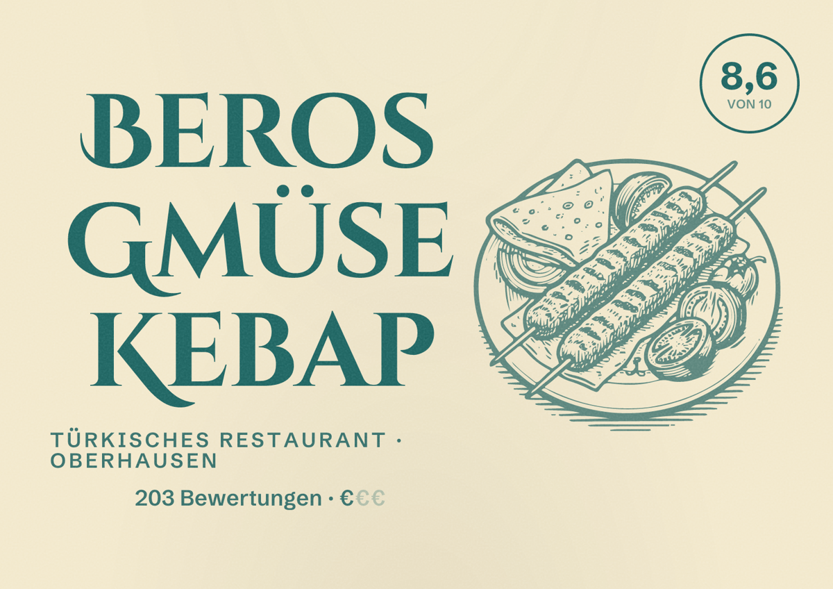 Illustriertes Poster von Beros Gmüse Kebap, Türkisches Restaurant in Oberhausen: Bewertung 8,6 von 10 aus 203 Bewertungen, Preisniveau €