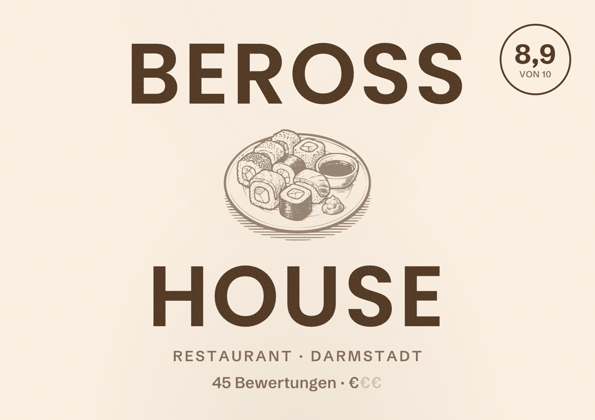 Illustriertes Poster von BEROSS HOUSE, Restaurant in Darmstadt: Bewertung 8,9 von 10 aus 45 Bewertungen, Preisniveau €
