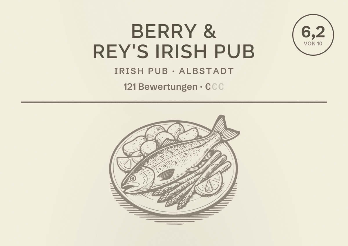 Illustriertes Poster von Berry & Rey's Irish Pub, Irish Pub in Albstadt: Bewertung 6,2 von 10 aus 121 Bewertungen, Preisniveau €
