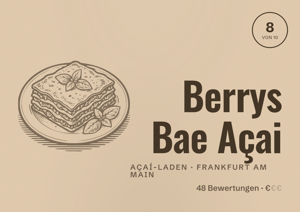 Illustriertes Poster von Berrys Bae Açai, Açaí-Laden in Frankfurt am Main: Bewertung 8,0 von 10 aus 48 Bewertungen, Preisniveau €