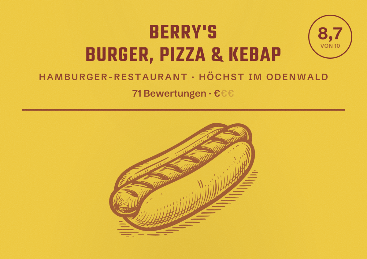 Illustriertes Poster von Berry's Burger, Pizza & Kebap, Hamburger-Restaurant in Höchst im Odenwald: Bewertung 8,7 von 10 aus 71 Bewertungen, Preisniveau €
