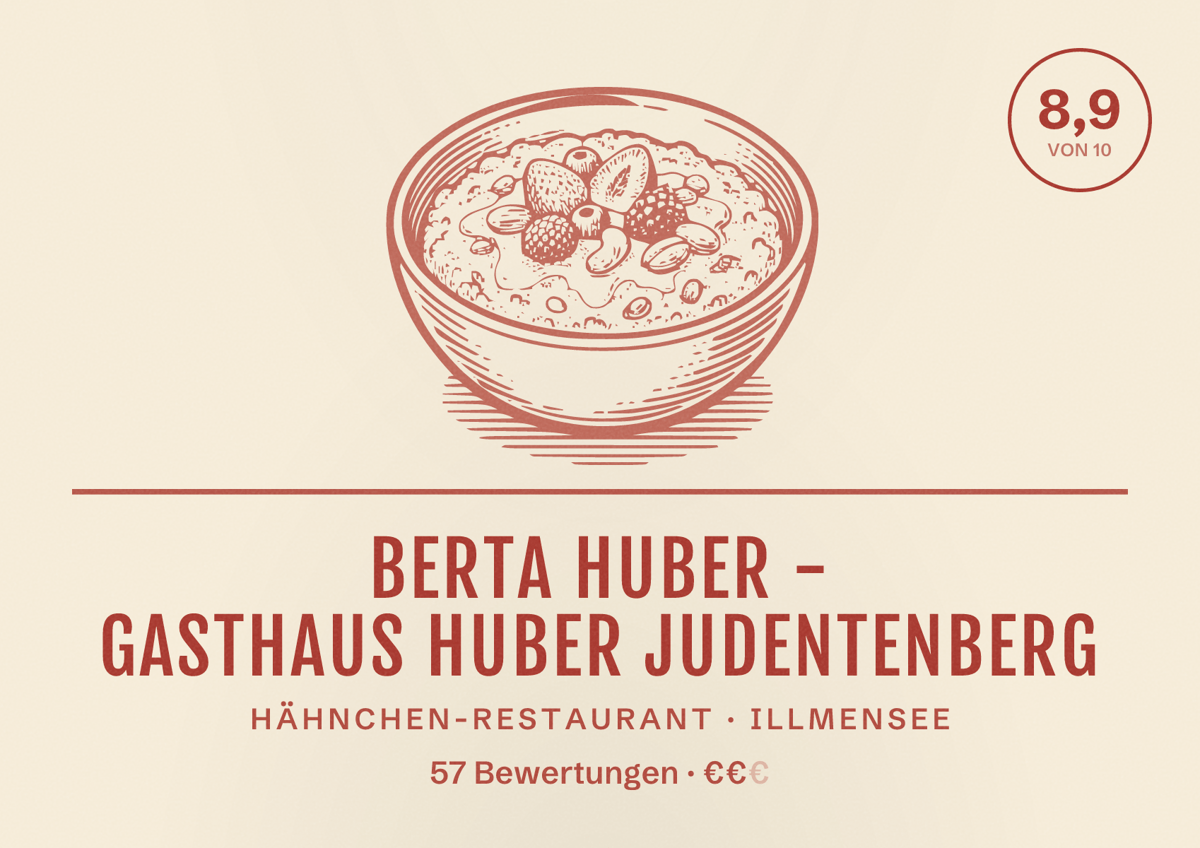 Illustriertes Poster von Berta Huber - Gasthaus Huber Judentenberg, Hähnchen-Restaurant in Illmensee: Bewertung 8,9 von 10 aus 57 Bewertungen, Preisniveau €€