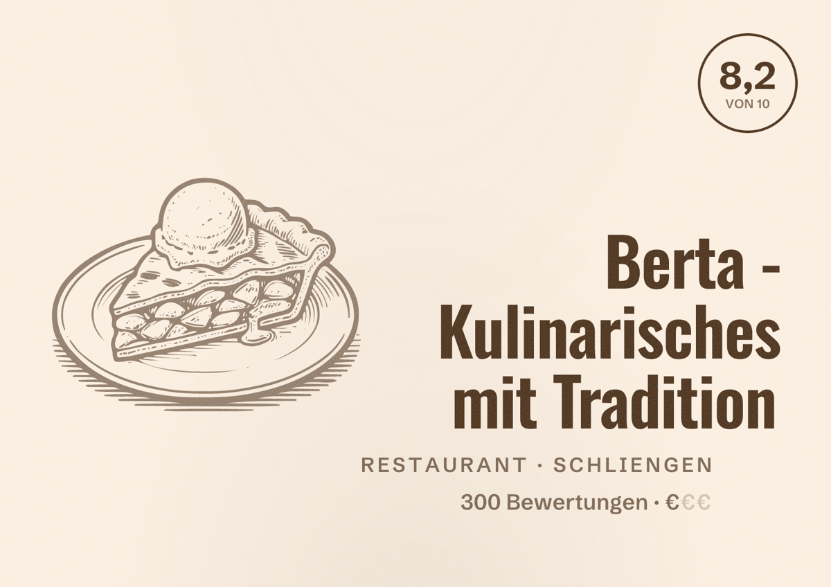 Illustriertes Poster von Berta - Kulinarisches mit Tradition, Restaurant in Schliengen: Bewertung 8,2 von 10 aus 300 Bewertungen, Preisniveau €