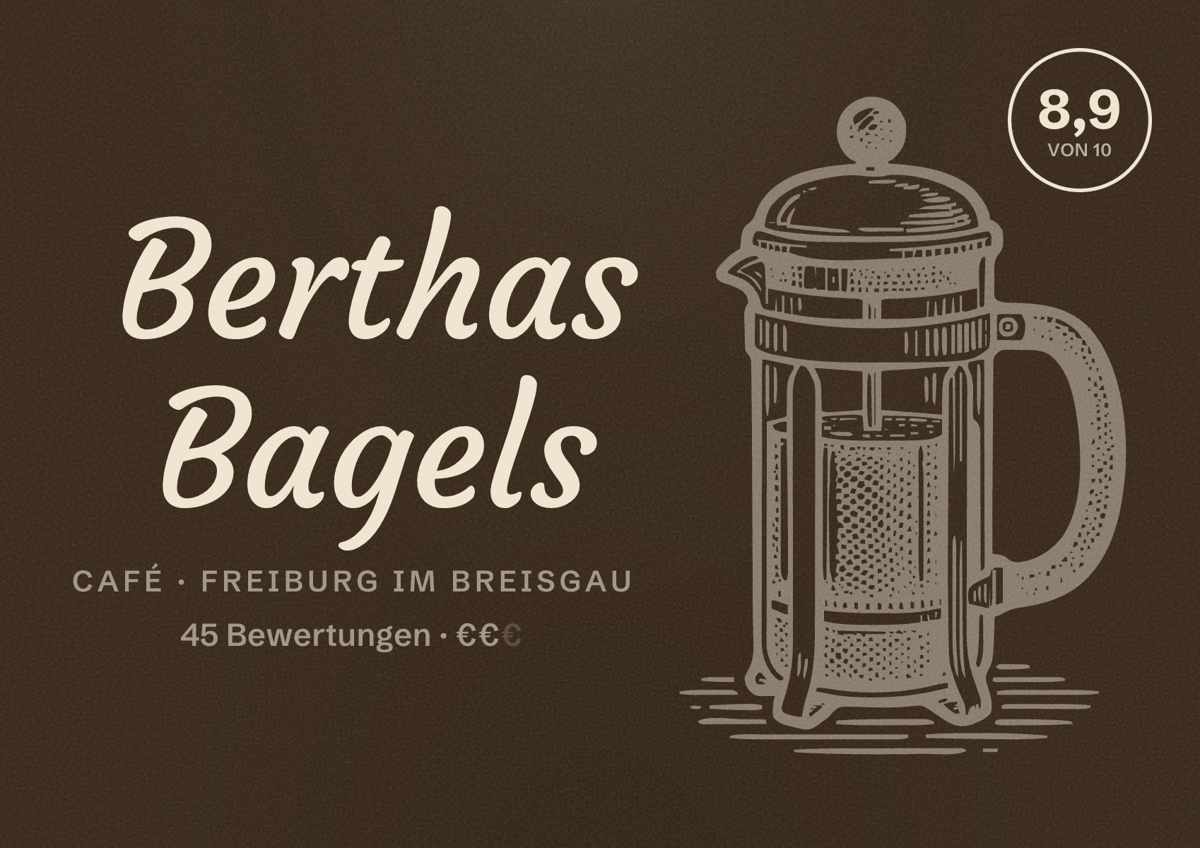 Illustriertes Poster von Berthas Bagels, Café in Freiburg im Breisgau: Bewertung 8,9 von 10 aus 45 Bewertungen, Preisniveau €€