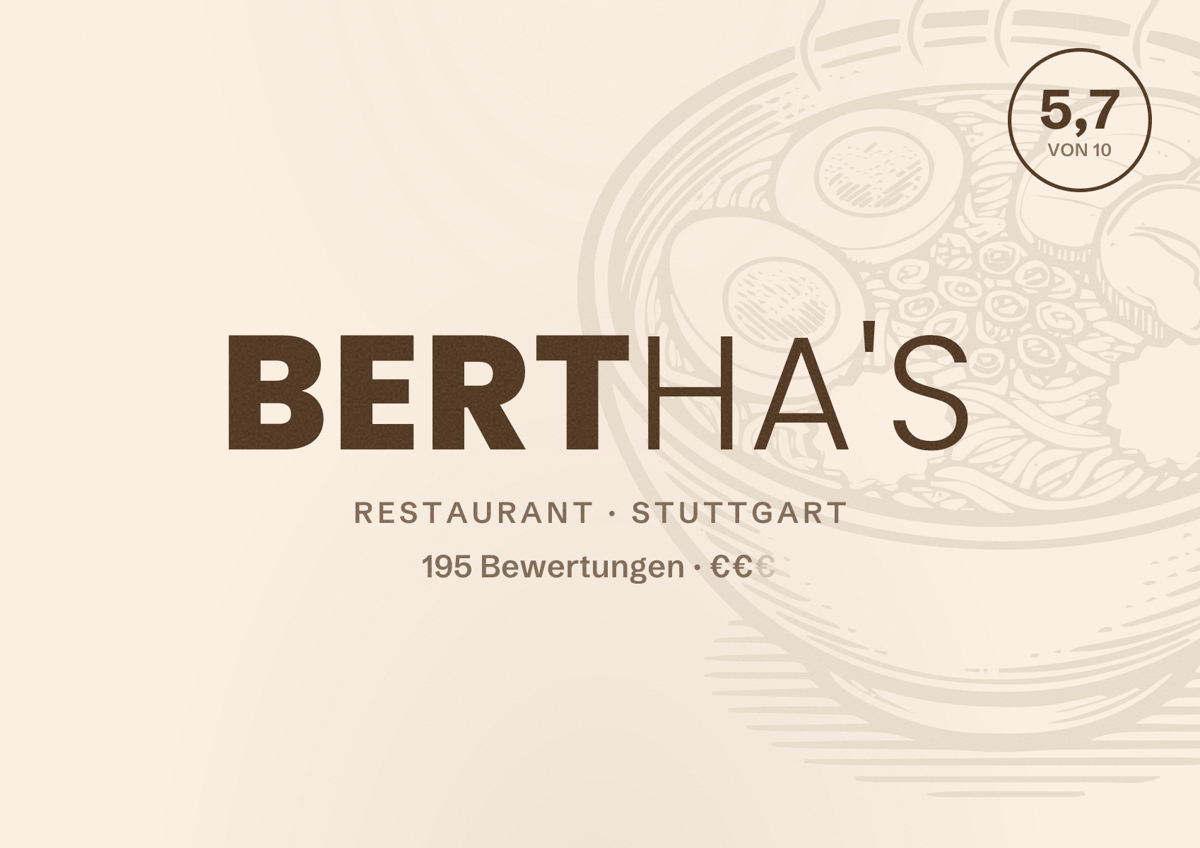 Illustriertes Poster von Bertha's, Restaurant in Stuttgart: Bewertung 5,7 von 10 aus 195 Bewertungen, Preisniveau €€