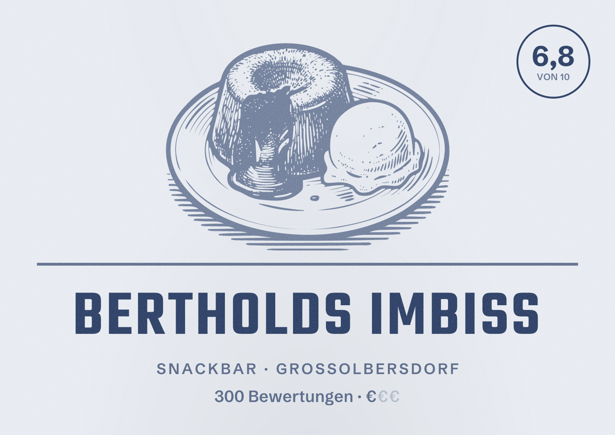 Illustriertes Poster von Bertholds Imbiss, Snackbar in Großolbersdorf: Bewertung 6,8 von 10 aus 300 Bewertungen, Preisniveau €
