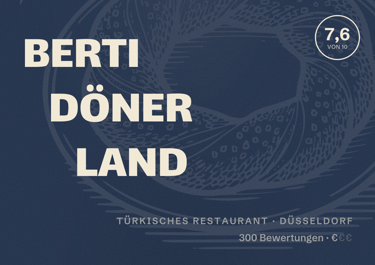 Illustriertes Poster von BERTI DÖNER LAND, Türkisches Restaurant in Düsseldorf: Bewertung 7,6 von 10 aus 300 Bewertungen, Preisniveau €