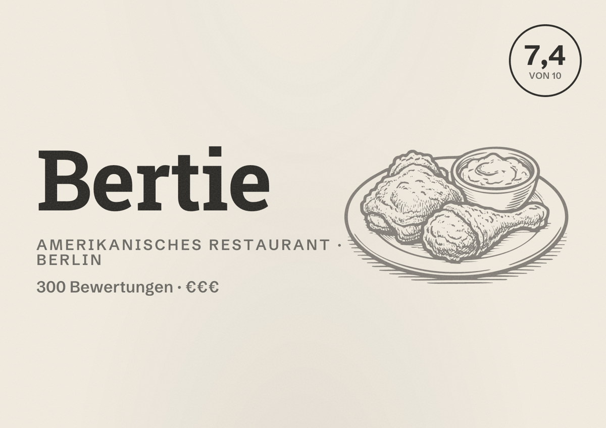 Illustriertes Poster von Bertie, Amerikanisches Restaurant in Berlin: Bewertung 7,4 von 10 aus 300 Bewertungen, Preisniveau €€€
