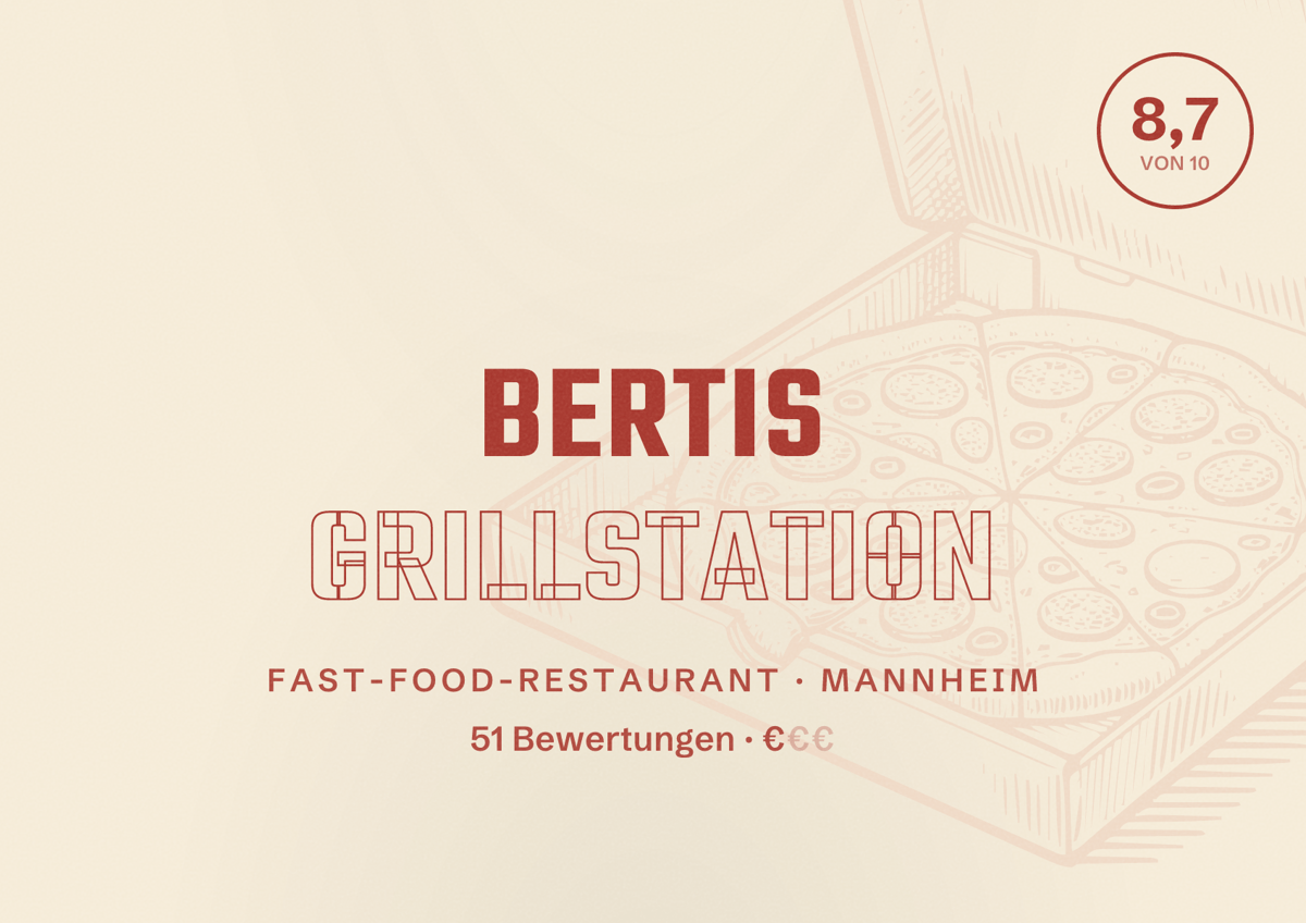 Illustriertes Poster von Bertis Grillstation, Fast-Food-Restaurant in Mannheim: Bewertung 8,7 von 10 aus 51 Bewertungen, Preisniveau €