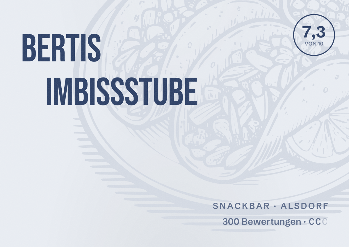 Illustriertes Poster von Bertis Imbissstube, Snackbar in Alsdorf: Bewertung 7,3 von 10 aus 300 Bewertungen, Preisniveau €€
