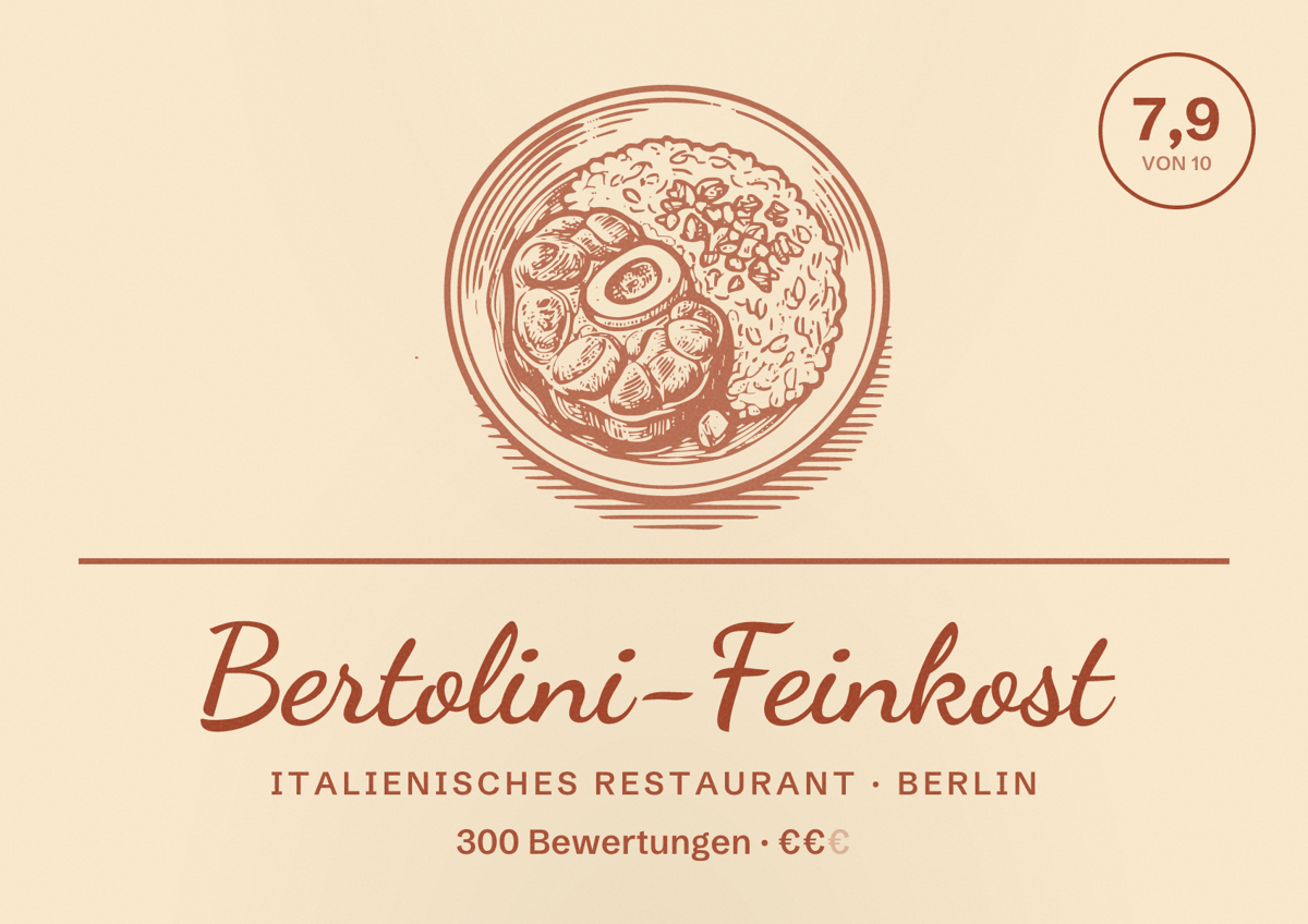 Illustriertes Poster von Bertolini-Feinkost, Italienisches Restaurant in Berlin: Bewertung 7,9 von 10 aus 300 Bewertungen, Preisniveau €€