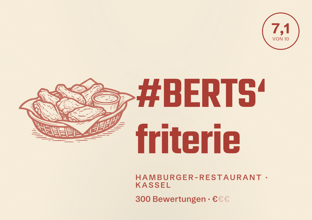 Illustriertes Poster von #BERTS‘ friterie, Hamburger-Restaurant in Kassel: Bewertung 7,1 von 10 aus 300 Bewertungen, Preisniveau €