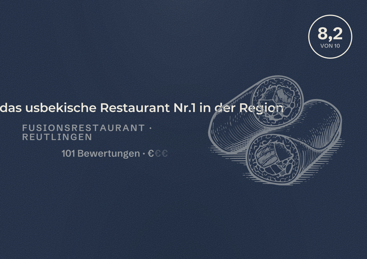 Illustriertes Poster von Beruni - das usbekische Restaurant Nr.1 in der Region, Fusionsrestaurant in Reutlingen: Bewertung 8,2 von 10 aus 101 Bewertungen, Preisniveau €