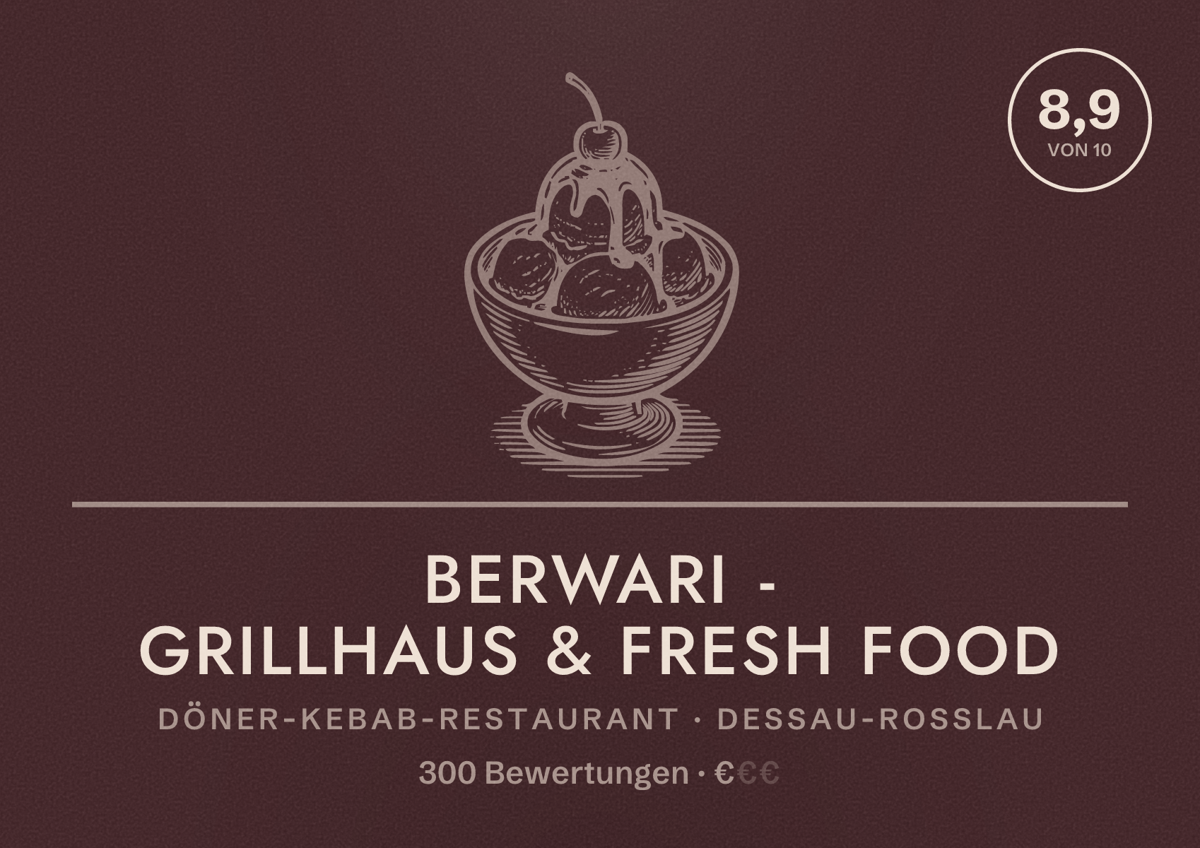Illustriertes Poster von Berwari - Grillhaus & Fresh Food, Döner-Kebab-Restaurant in Dessau-Roßlau: Bewertung 8,9 von 10 aus 300 Bewertungen, Preisniveau €